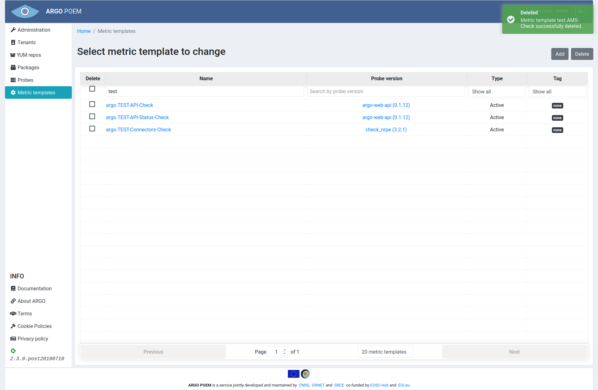 SuperAdmin metric template deleted