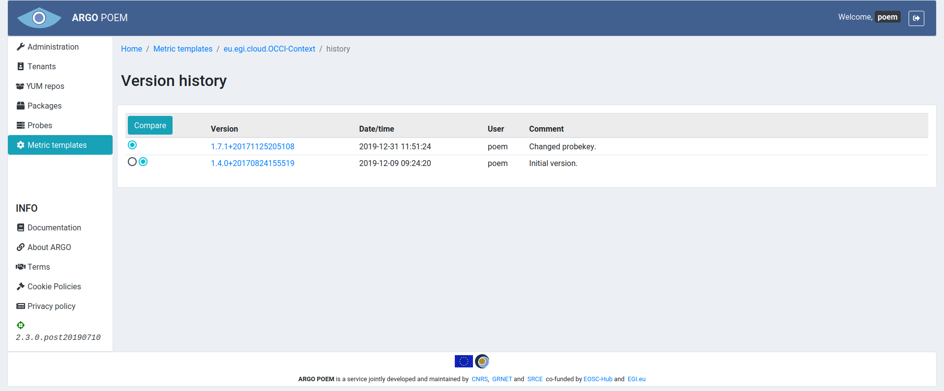 SuperAdmin metric template history